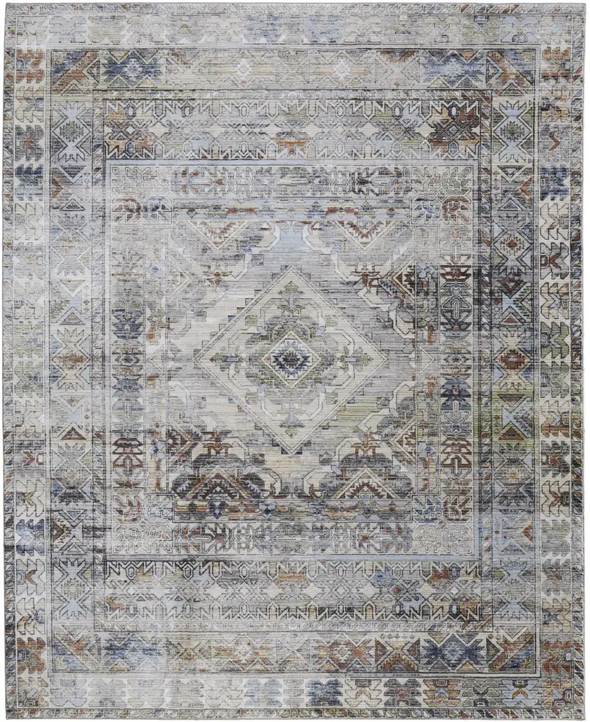 Gray Blue and Red Abstract Power Loom Worn Faded Area Rug Photo 5