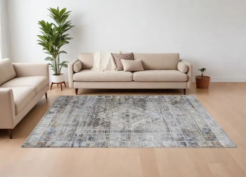 Gray Blue and Red Abstract Power Loom Worn Faded Area Rug Photo 1