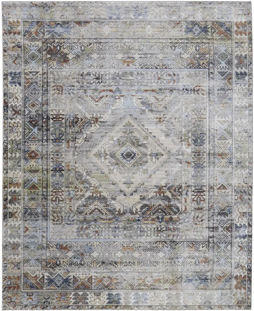 Gray Blue and Red Abstract Power Loom Worn Faded Area Rug Photo 2