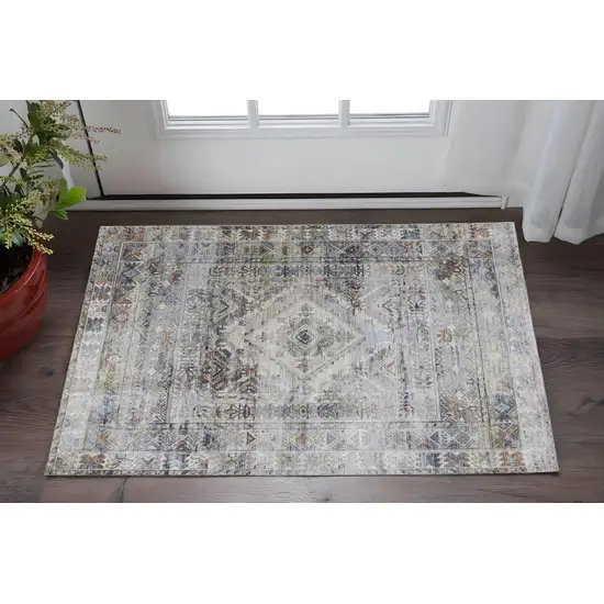 Gray Blue and Red Abstract Power Loom Worn Faded Area Rug Photo 1
