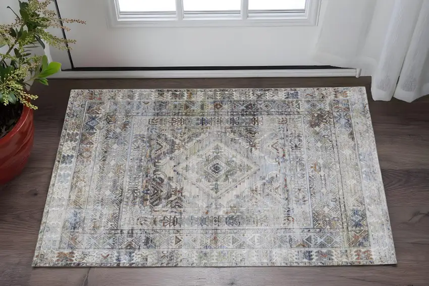 Gray Blue and Red Abstract Power Loom Worn Faded Area Rug Photo 1
