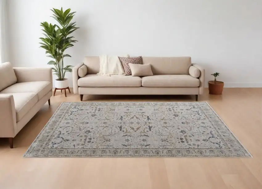 Gray Blue and Red Ikat Power Loom Worn Faded Area Rug With Fringe Photo 1