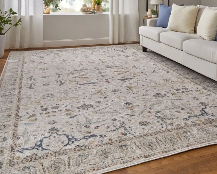 Gray Blue and Red Ikat Power Loom Worn Faded Area Rug With Fringe Photo 9