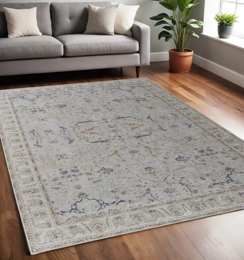 Ivory Blue And Taupe Ikat Distressed Area Rug With Fringe Photo 1