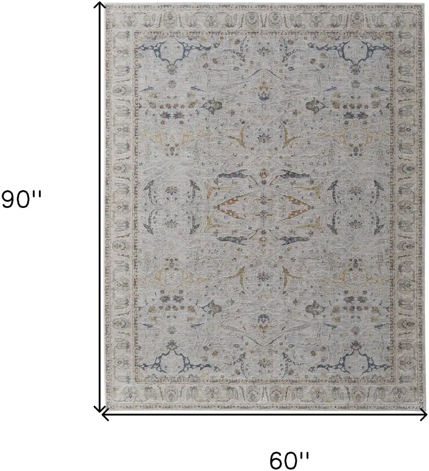 Gray Blue and Red Ikat Power Loom Worn Faded Area Rug With Fringe Photo 3
