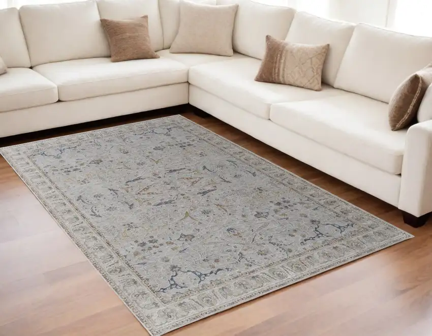 Gray Blue and Red Ikat Power Loom Worn Faded Area Rug With Fringe Photo 1