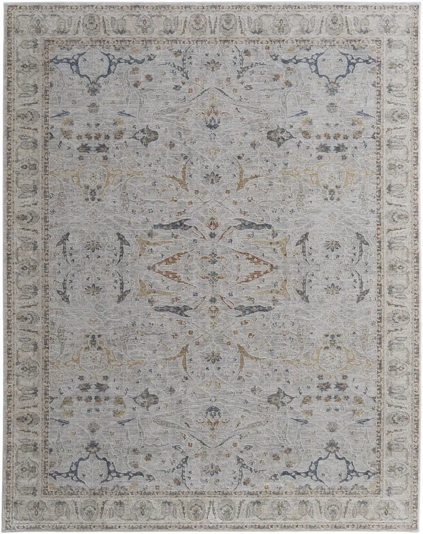 Gray Blue and Red Ikat Power Loom Worn Faded Area Rug With Fringe Photo 5
