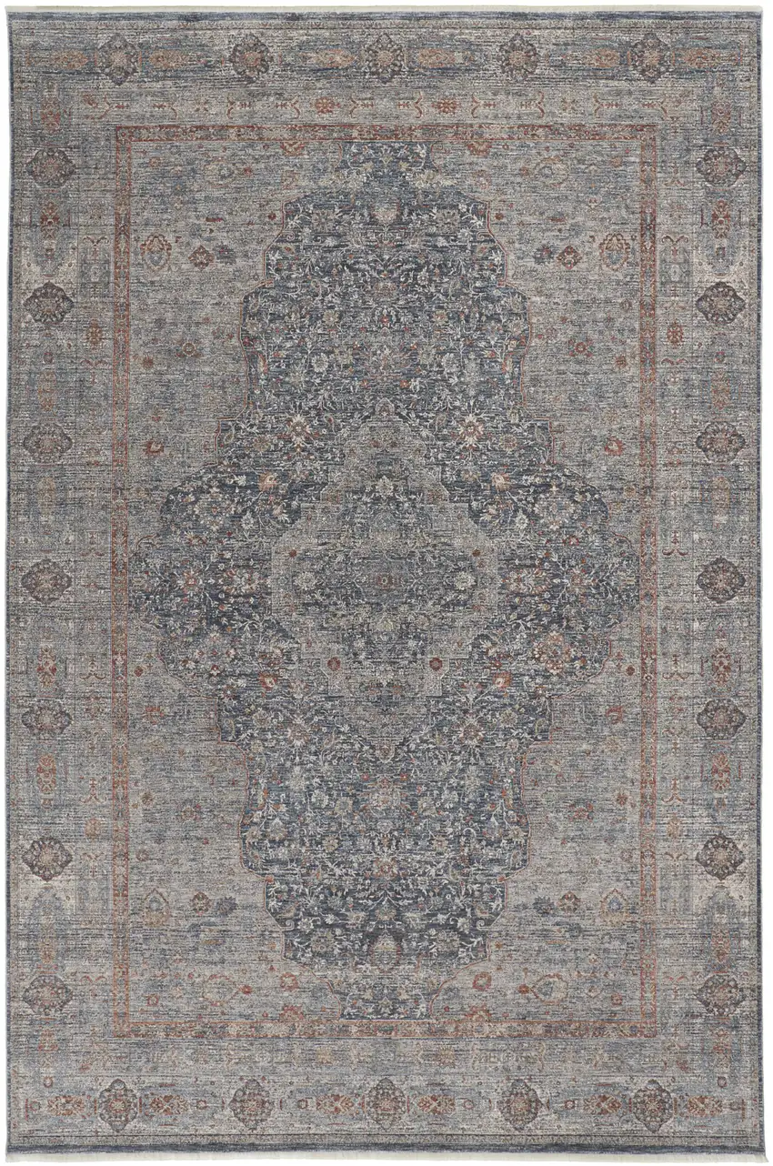 Gray Blue and Red Oriental Power Loom Worn Faded Area Rug With Fringe Photo 5