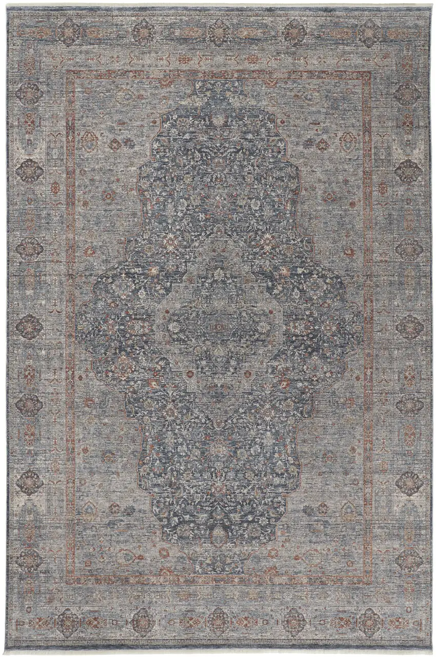 Gray Blue and Red Oriental Power Loom Worn Faded Area Rug With Fringe Photo 4