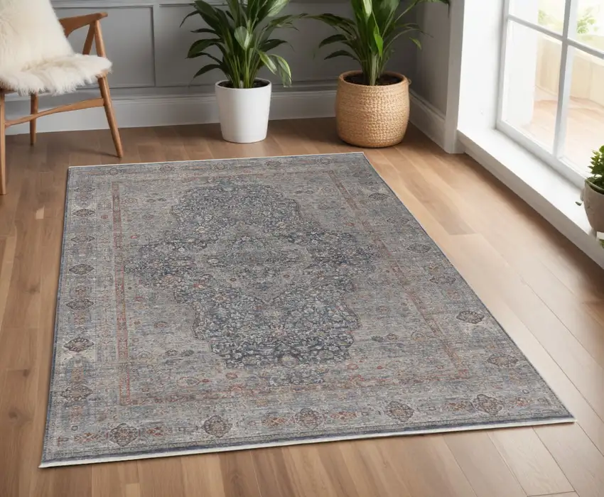 Gray Blue and Red Oriental Power Loom Worn Faded Area Rug With Fringe Photo 1