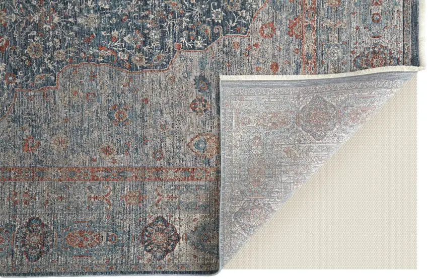 Gray Blue and Red Oriental Power Loom Worn Faded Area Rug With Fringe Photo 8