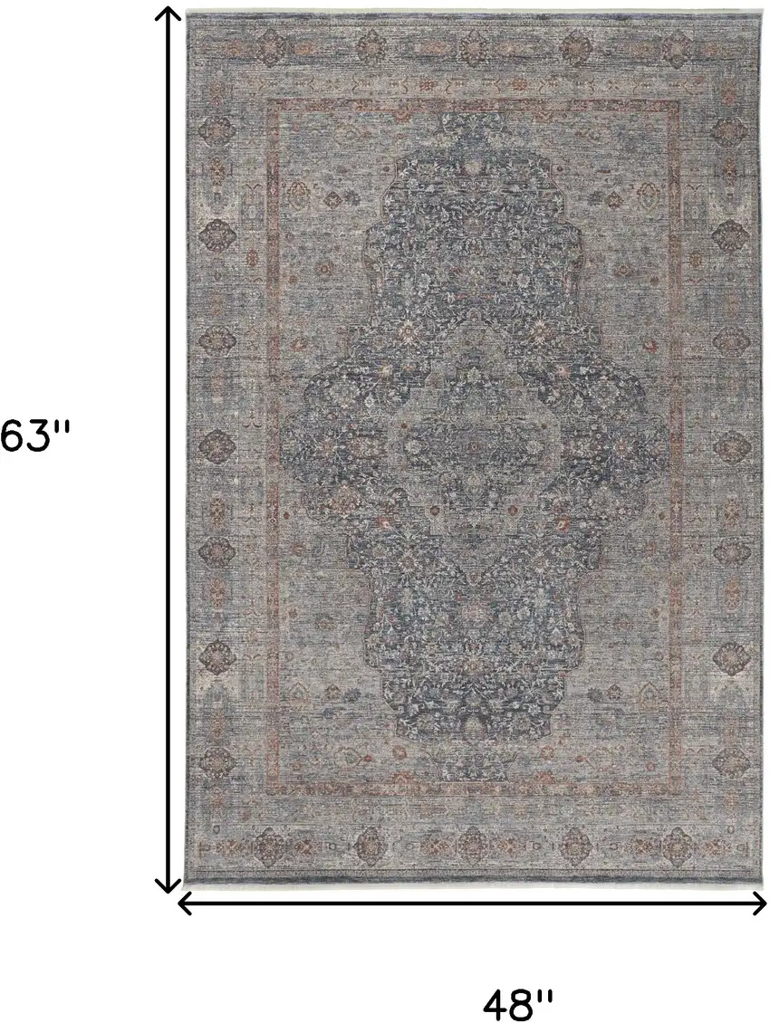 Gray Blue and Red Oriental Power Loom Worn Faded Area Rug With Fringe Photo 3