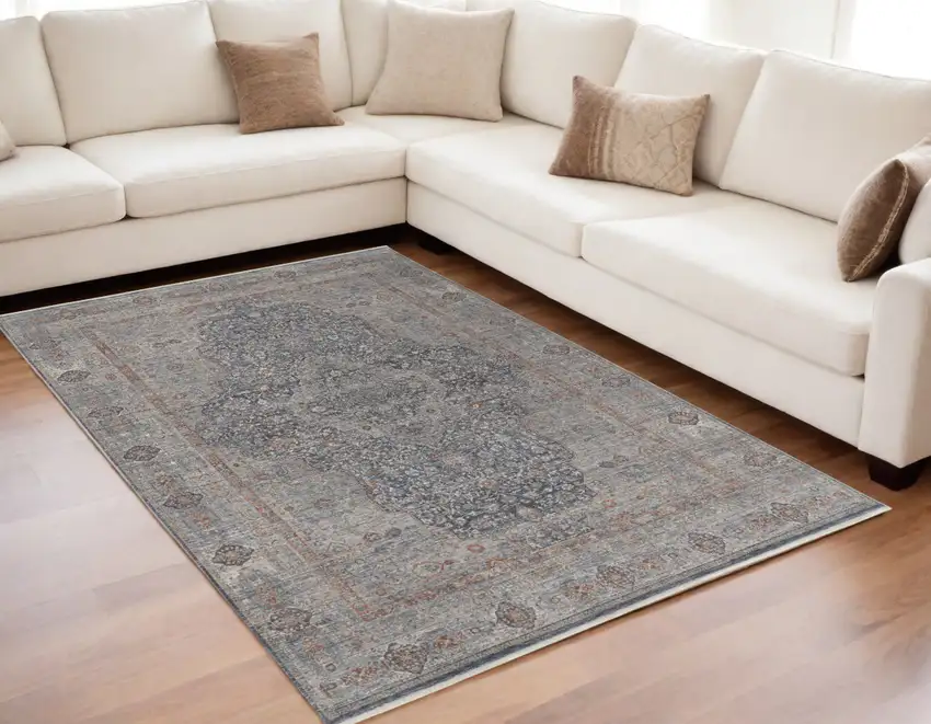 Gray Blue and Red Oriental Power Loom Worn Faded Area Rug With Fringe Photo 1