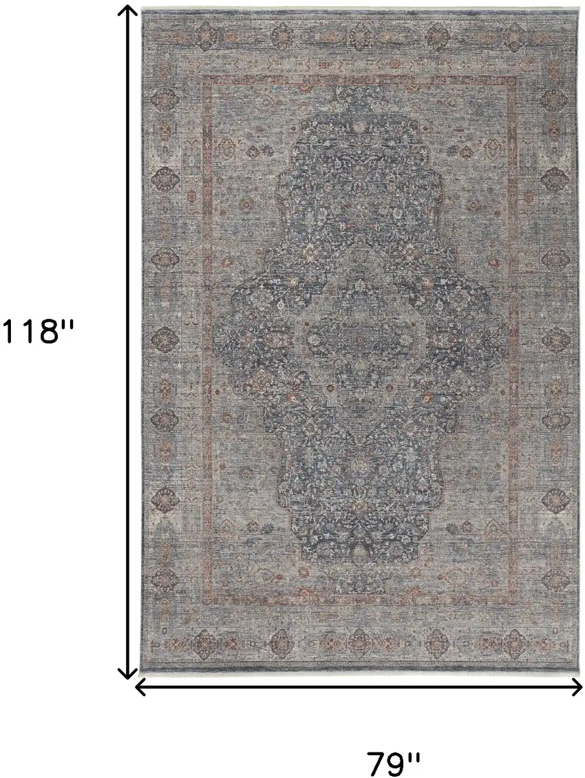 Gray Blue and Red Oriental Power Loom Worn Faded Area Rug With Fringe Photo 3