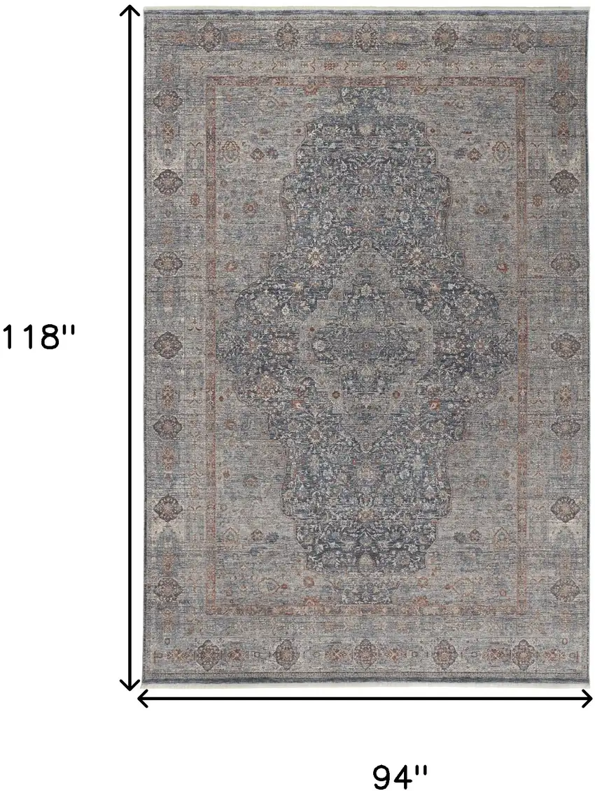 Gray Blue and Red Oriental Power Loom Worn Faded Area Rug With Fringe Photo 3