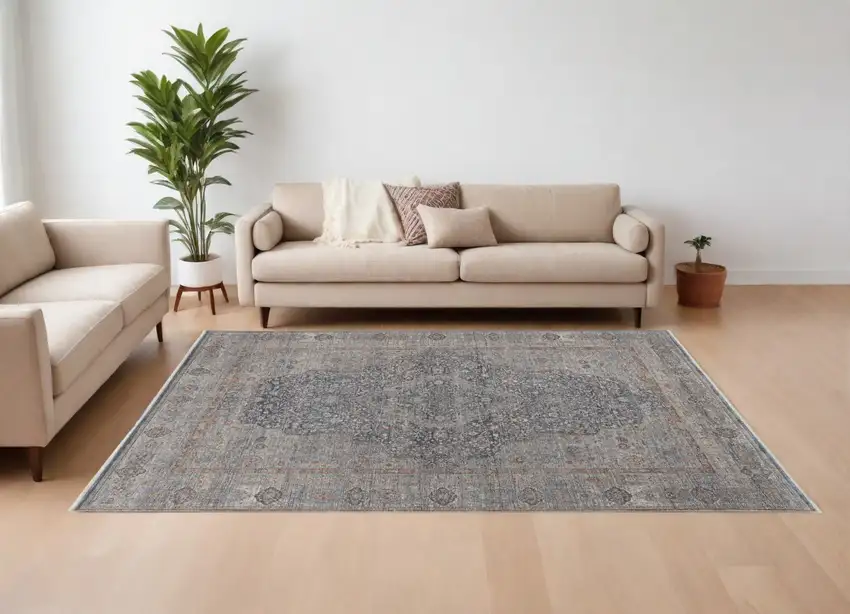 Gray Blue and Red Oriental Power Loom Worn Faded Area Rug With Fringe Photo 1