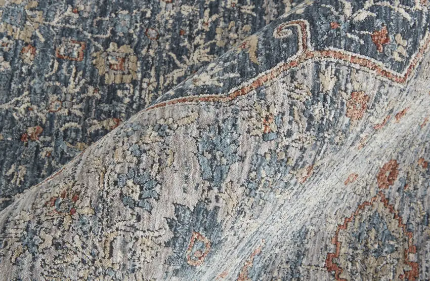 Gray Blue and Red Oriental Power Loom Worn Faded Area Rug With Fringe Photo 4