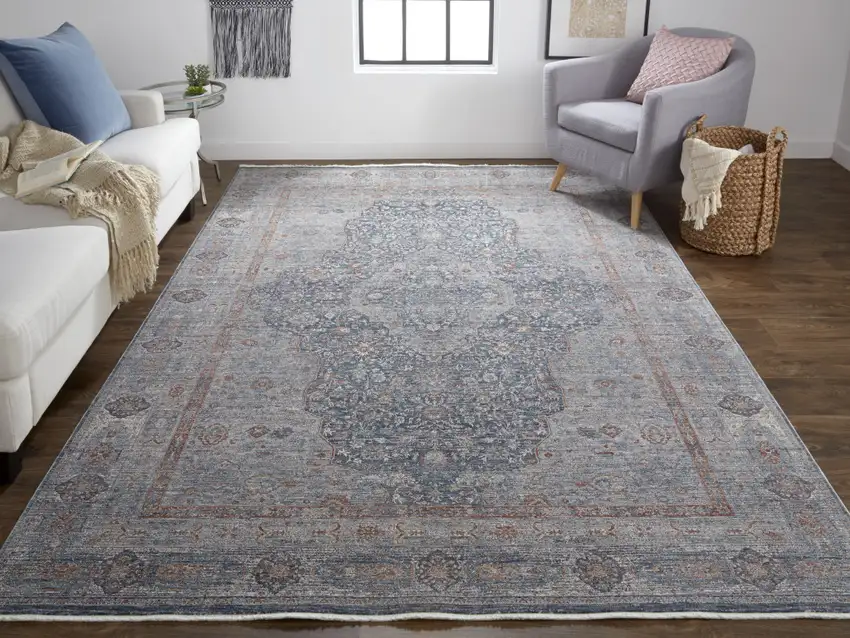 Gray Blue and Red Oriental Power Loom Worn Faded Area Rug With Fringe Photo 9