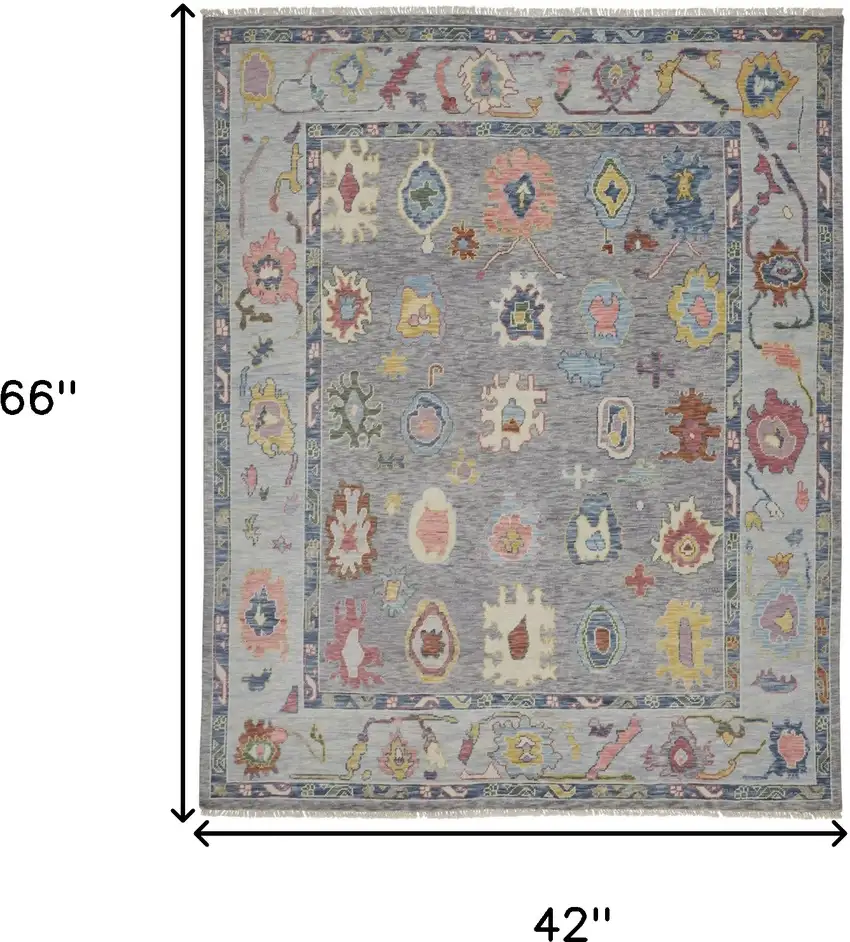 Gray Blue and Red Wool Oriental Hand Knotted Area Rug With Fringe Photo 3