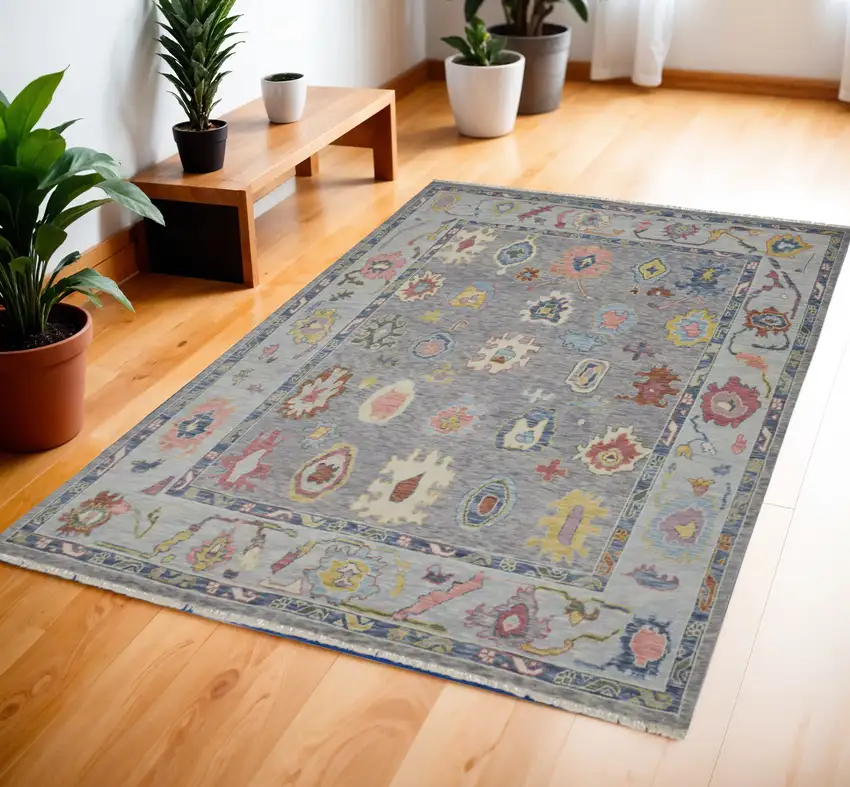 Gray Blue and Red Wool Oriental Hand Knotted Area Rug With Fringe Photo 1