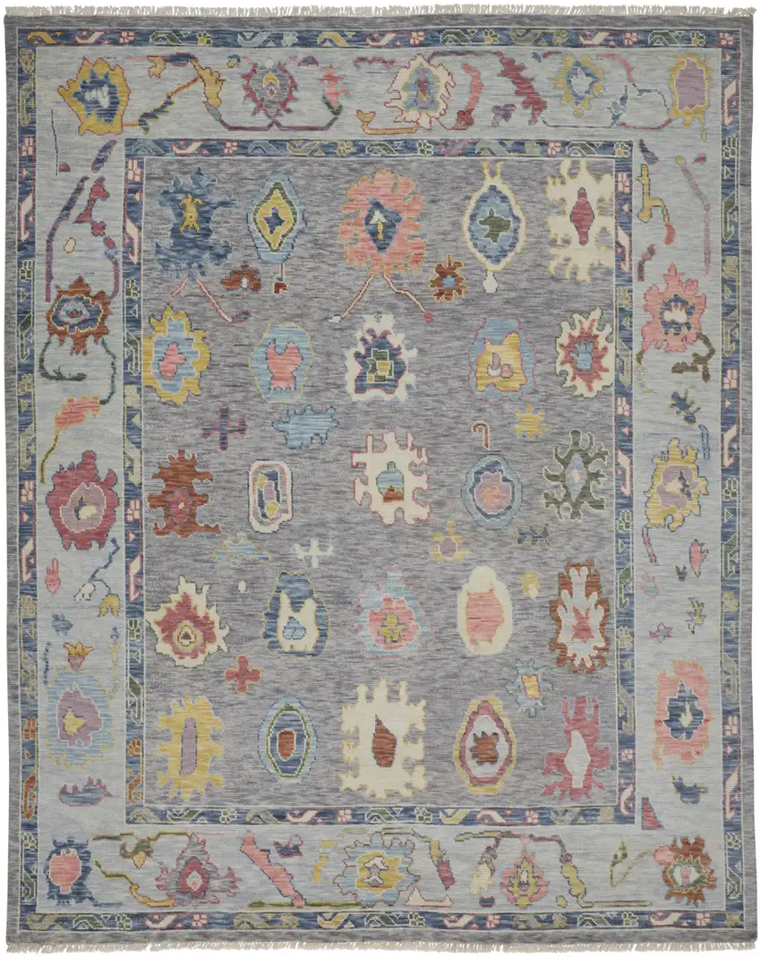 Gray Blue and Red Wool Oriental Hand Knotted Area Rug With Fringe Photo 6