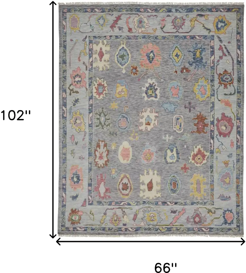 Gray Blue and Red Wool Oriental Hand Knotted Area Rug With Fringe Photo 3