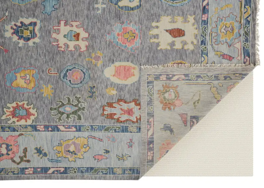 Gray Blue and Red Wool Oriental Hand Knotted Area Rug With Fringe Photo 4