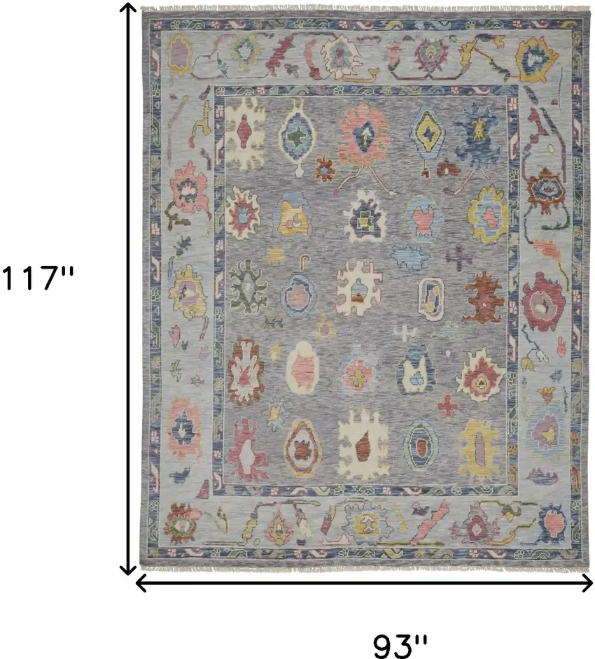 Gray Blue and Red Wool Oriental Hand Knotted Area Rug With Fringe Photo 3
