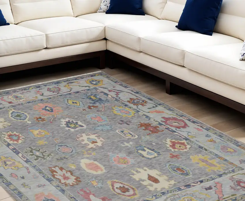 Gray Blue and Red Wool Oriental Hand Knotted Area Rug With Fringe Photo 1