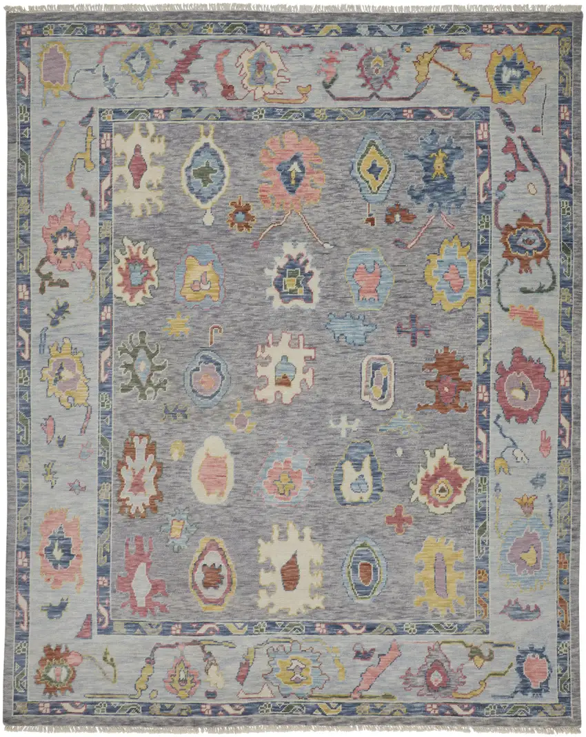 Gray Blue and Red Wool Oriental Hand Knotted Area Rug With Fringe Photo 2