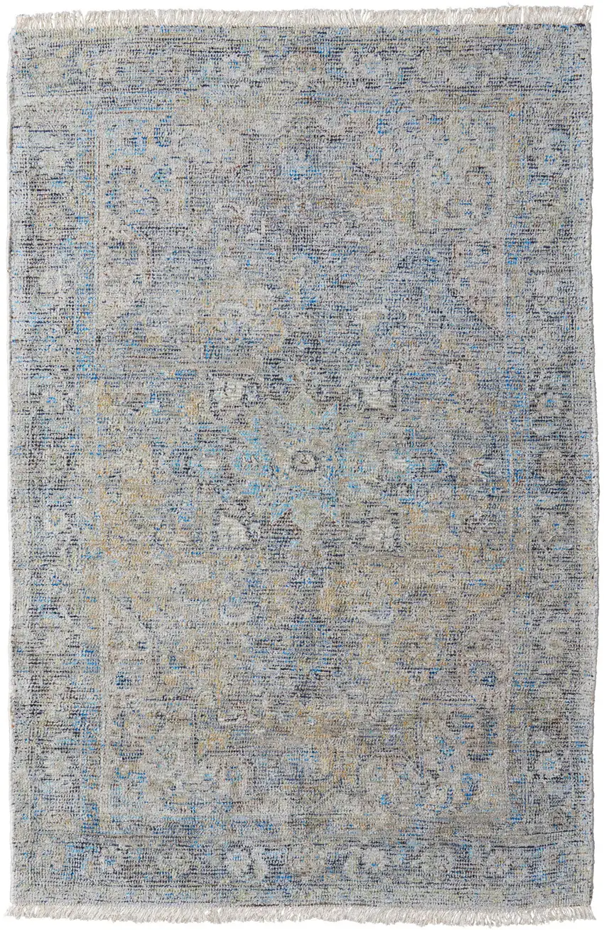 Gray Blue and Tan Abstract Hand Woven Distressed Area Rug With Fringe Photo 5