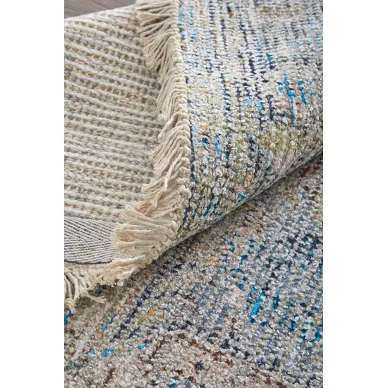 Gray Blue and Tan Abstract Hand Woven Distressed Area Rug With Fringe Photo 9