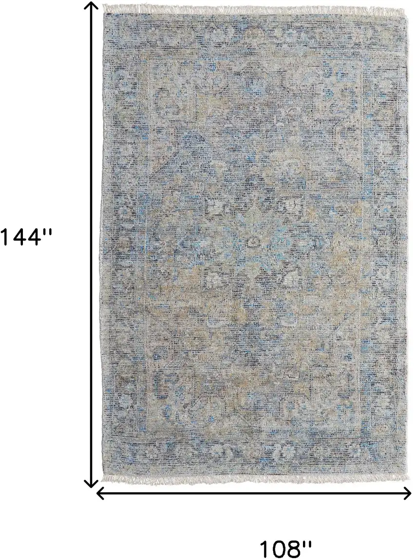 Gray Blue and Tan Abstract Hand Woven Distressed Area Rug With Fringe Photo 3