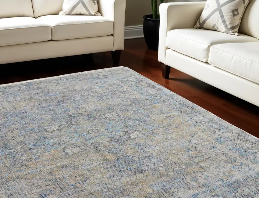 Gray Blue and Tan Abstract Hand Woven Distressed Area Rug With Fringe Photo 1