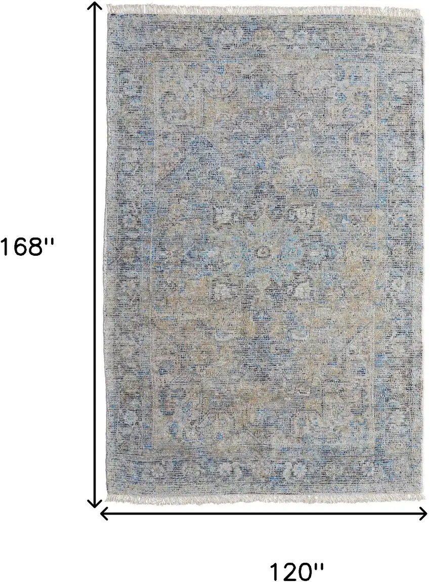Gray Blue and Tan Abstract Hand Woven Distressed Area Rug With Fringe Photo 3