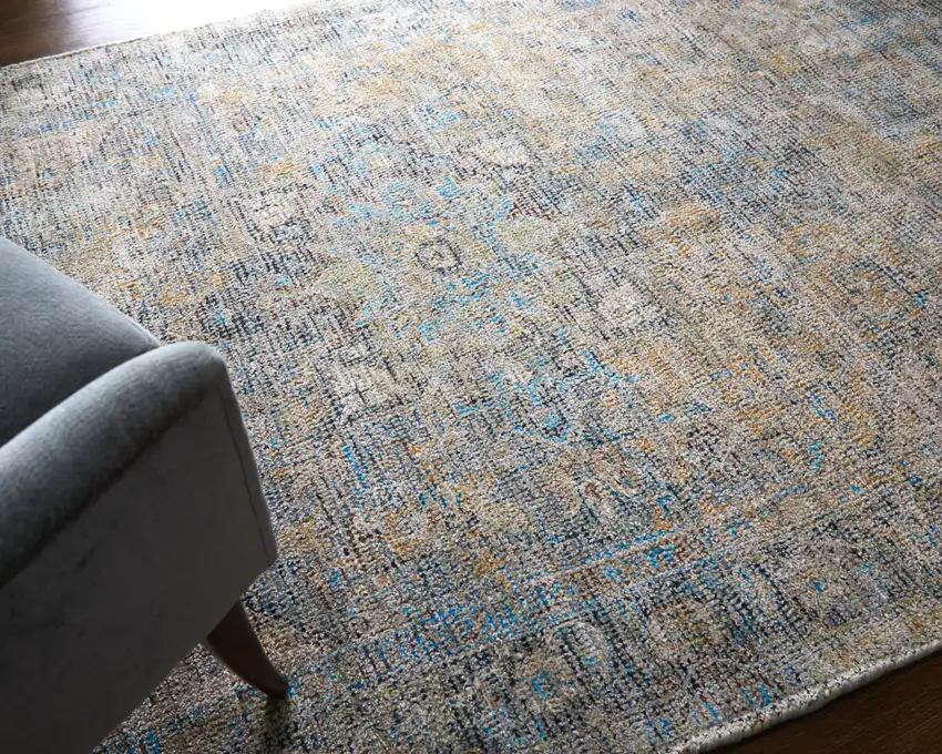 Gray Blue and Tan Abstract Hand Woven Distressed Area Rug With Fringe Photo 6