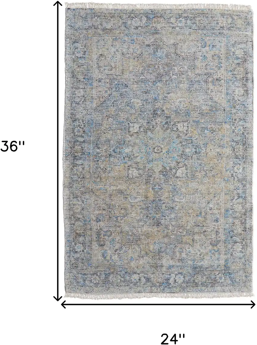 Gray Blue and Tan Abstract Hand Woven Distressed Area Rug With Fringe Photo 3