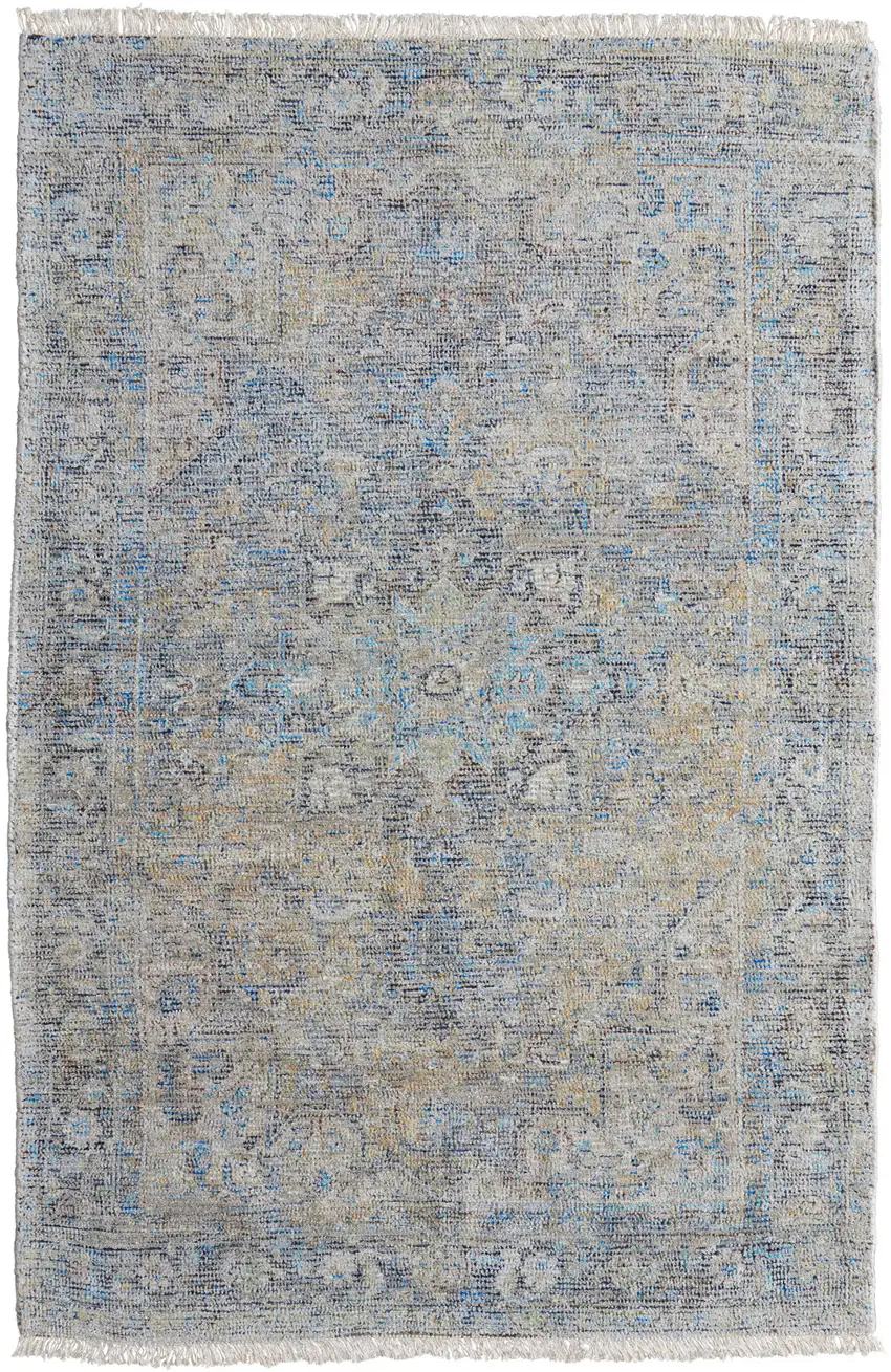 Gray Blue and Tan Abstract Hand Woven Distressed Area Rug With Fringe Photo 2