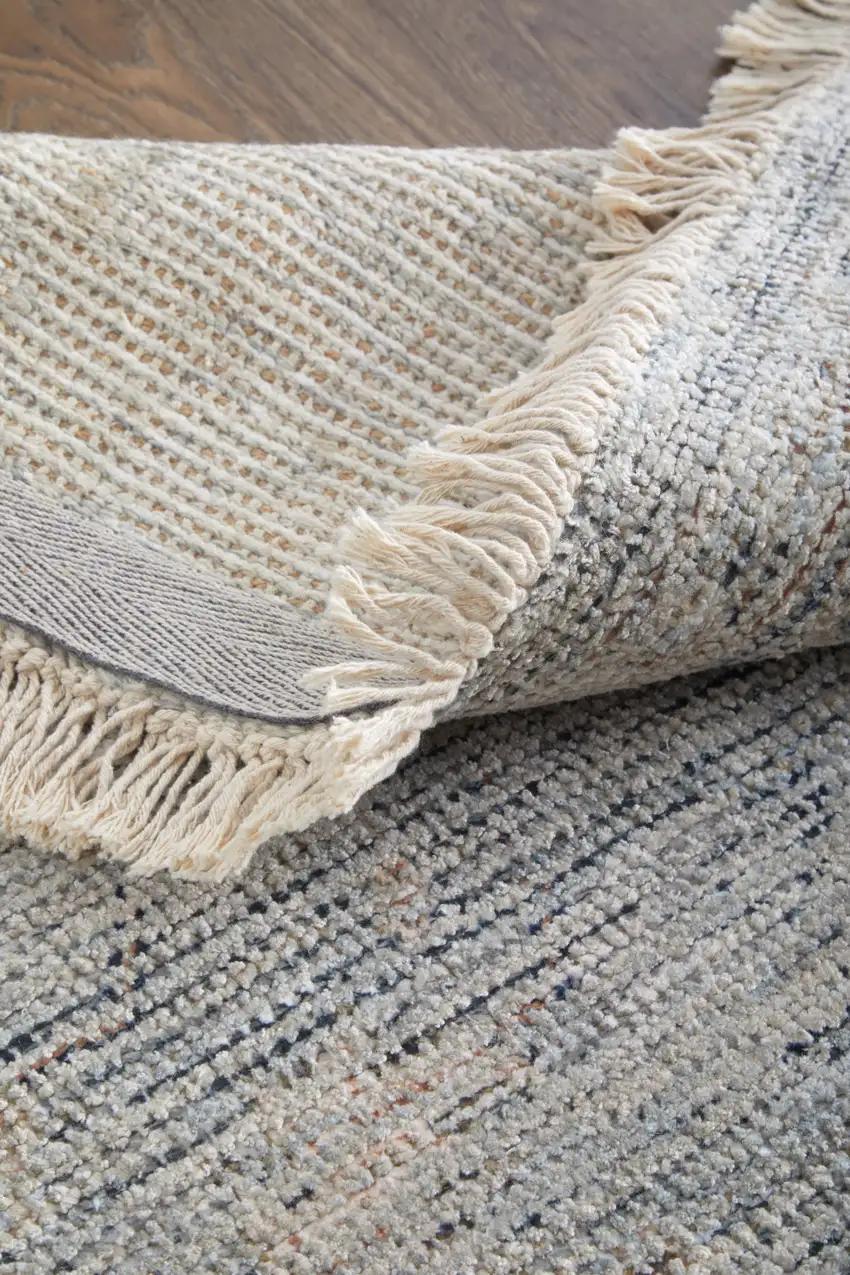 Gray Blue and Taupe Abstract Hand Woven Distressed Area Rug With Fringe Photo 8