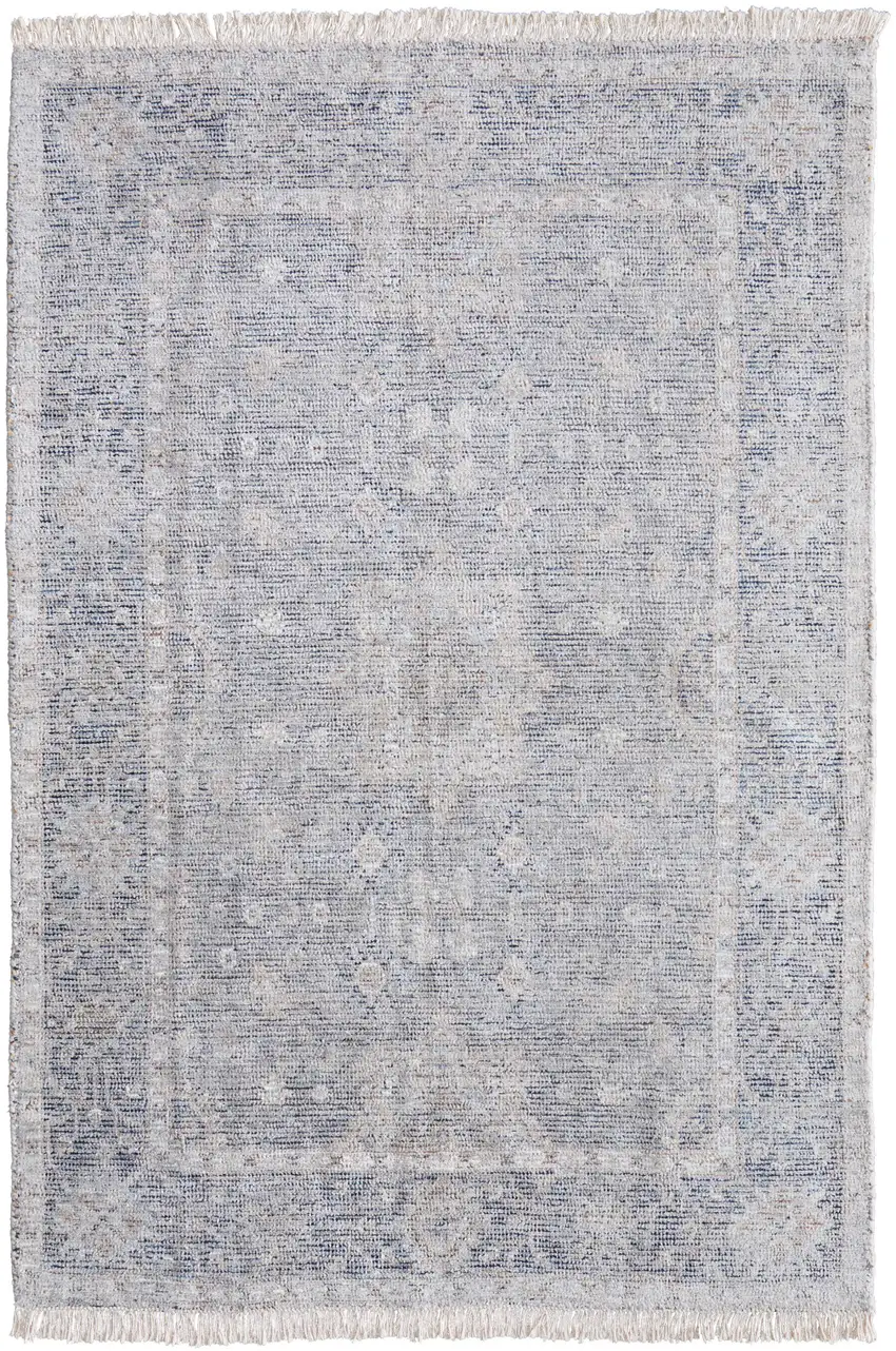 Gray Blue and Taupe Abstract Hand Woven Distressed Area Rug With Fringe Photo 2
