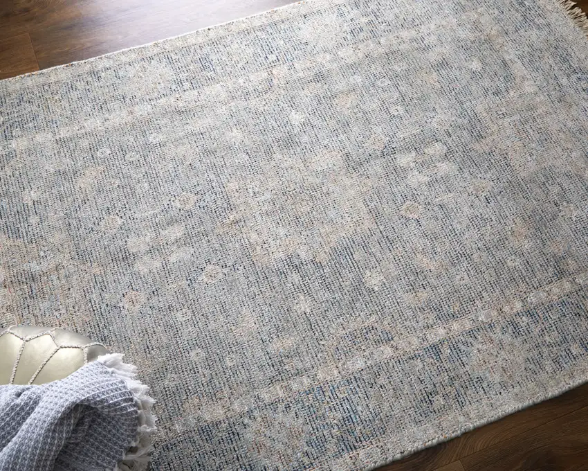 Gray Blue and Taupe Abstract Hand Woven Distressed Area Rug With Fringe Photo 4