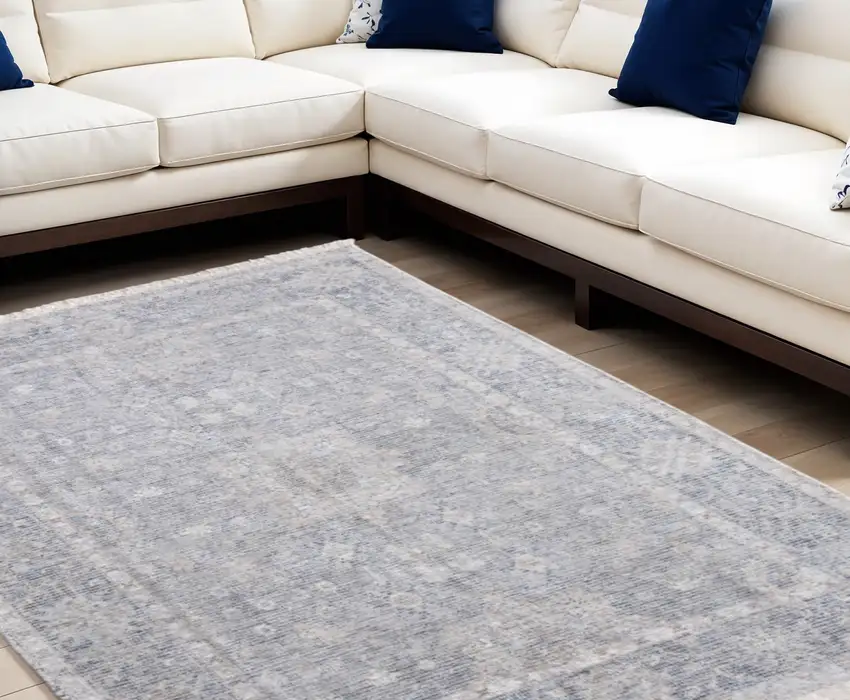 Gray Blue and Taupe Abstract Hand Woven Distressed Area Rug With Fringe Photo 1