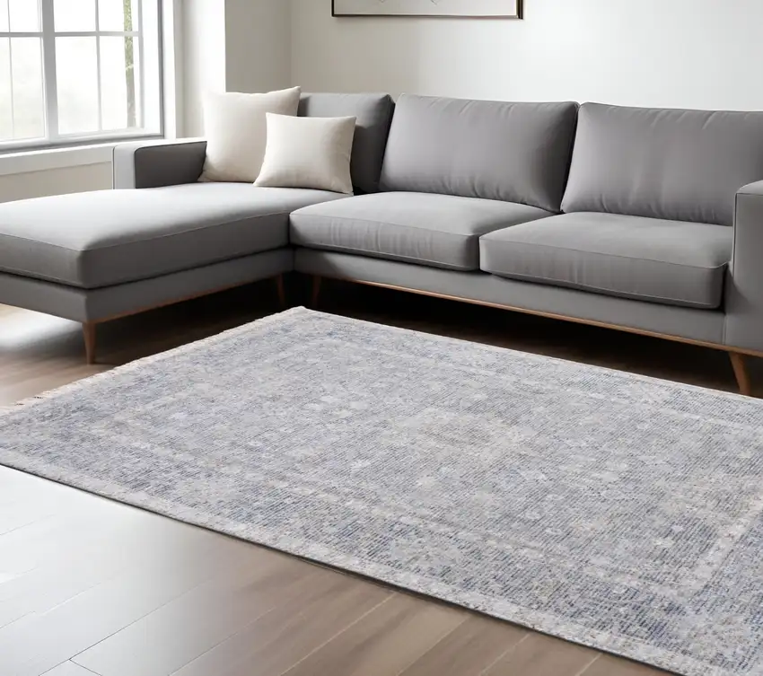 Gray Blue and Taupe Abstract Hand Woven Distressed Area Rug With Fringe Photo 1