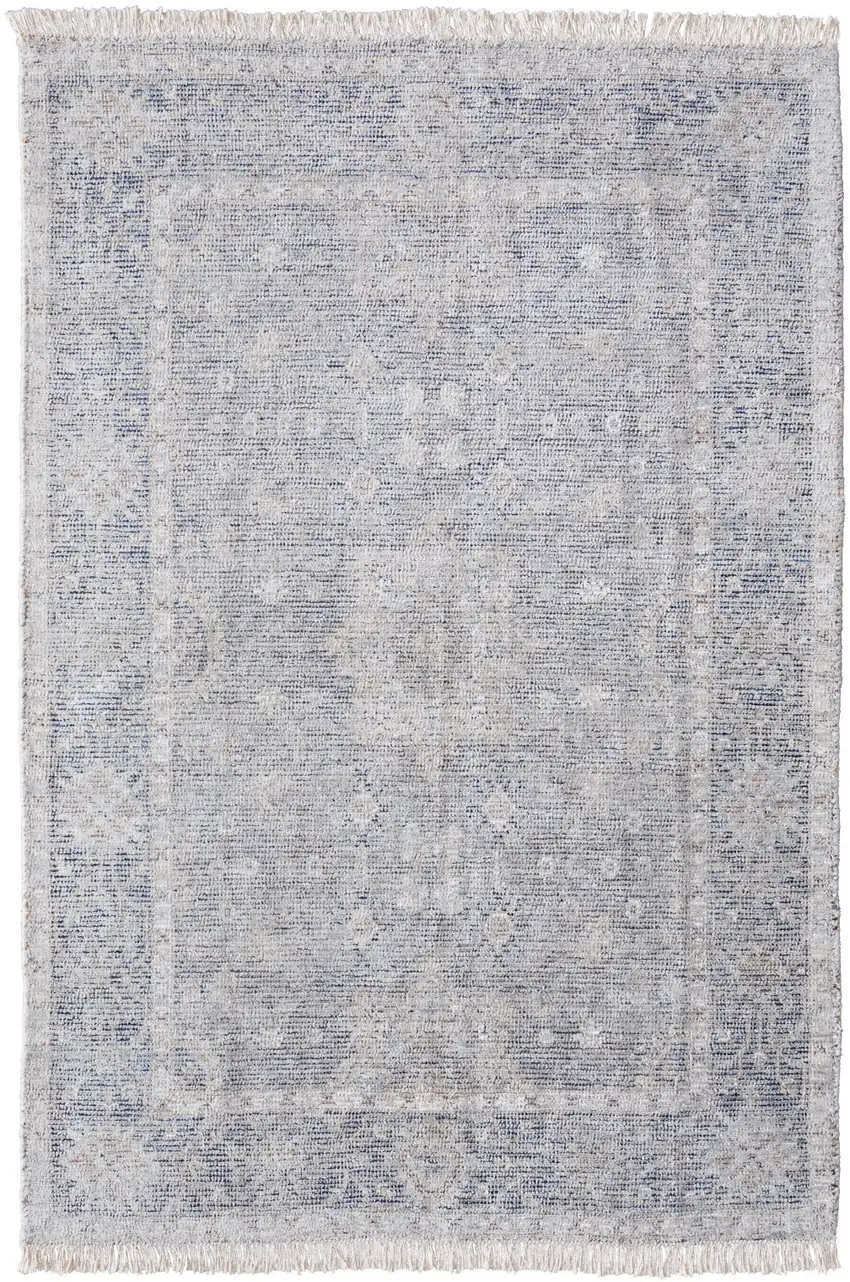 Gray Blue and Taupe Abstract Hand Woven Distressed Area Rug With Fringe Photo 3