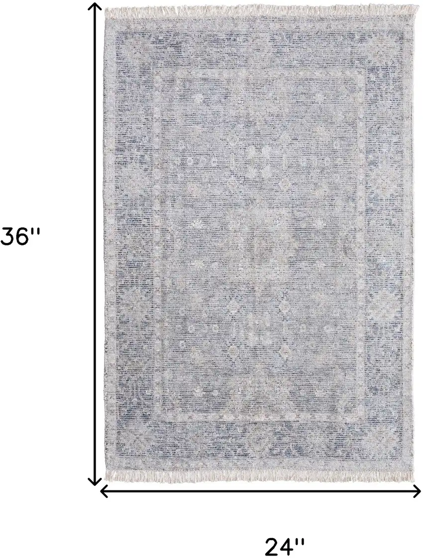 Gray Blue and Taupe Abstract Hand Woven Distressed Area Rug With Fringe Photo 3