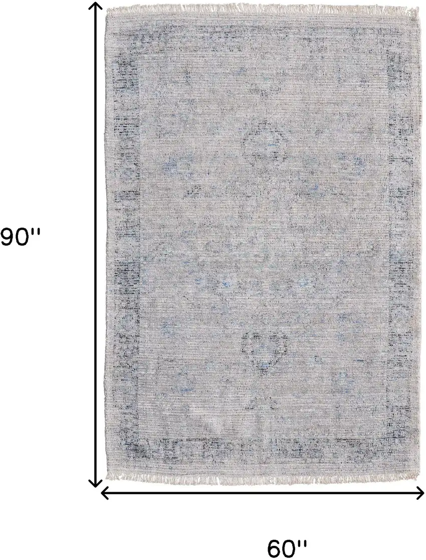 Gray Blue and Taupe Abstract Hand Woven Distressed Area Rug With Fringe Photo 3