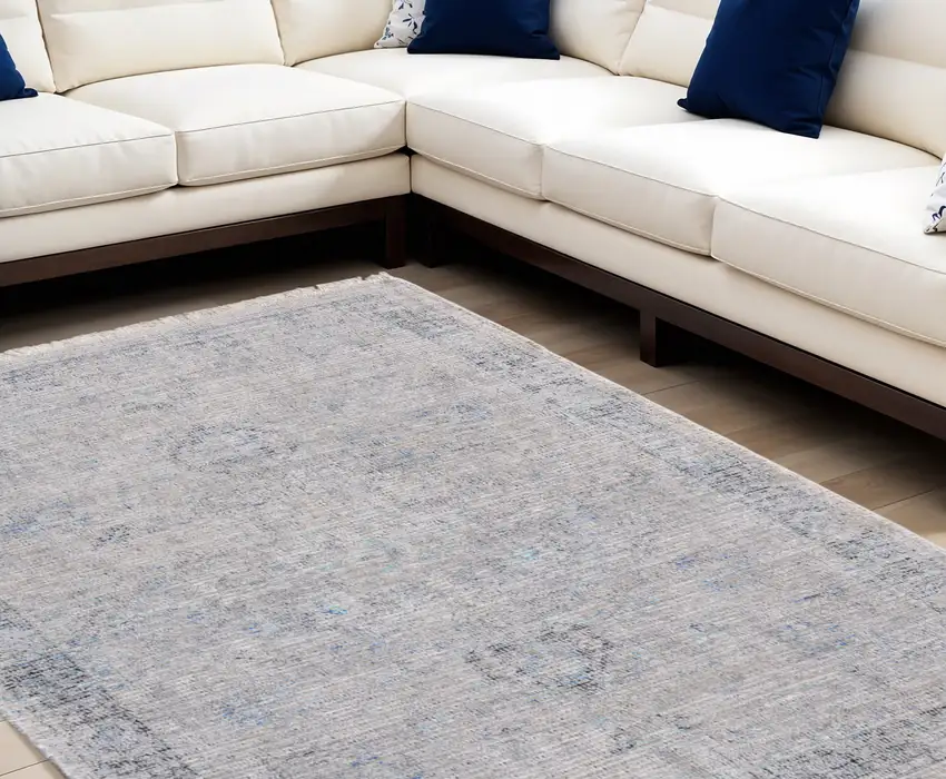 Gray Blue and Taupe Abstract Hand Woven Distressed Area Rug With Fringe Photo 1