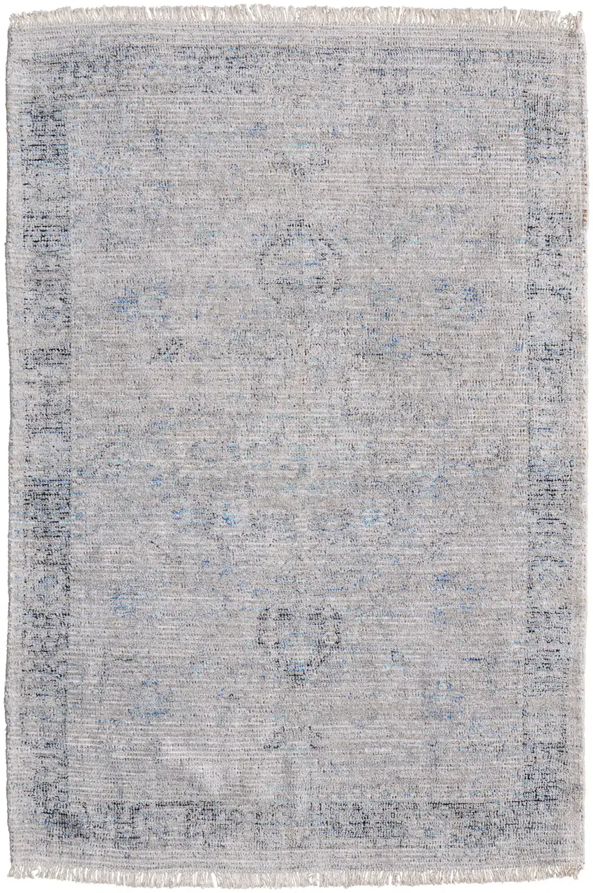 Gray Blue and Taupe Abstract Hand Woven Distressed Area Rug With Fringe Photo 2