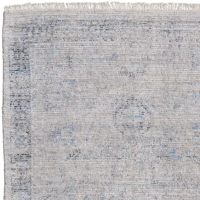 Gray Blue and Taupe Abstract Hand Woven Distressed Area Rug With Fringe Photo 9
