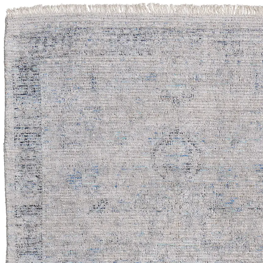 Gray Blue and Taupe Abstract Hand Woven Distressed Area Rug With Fringe Photo 8